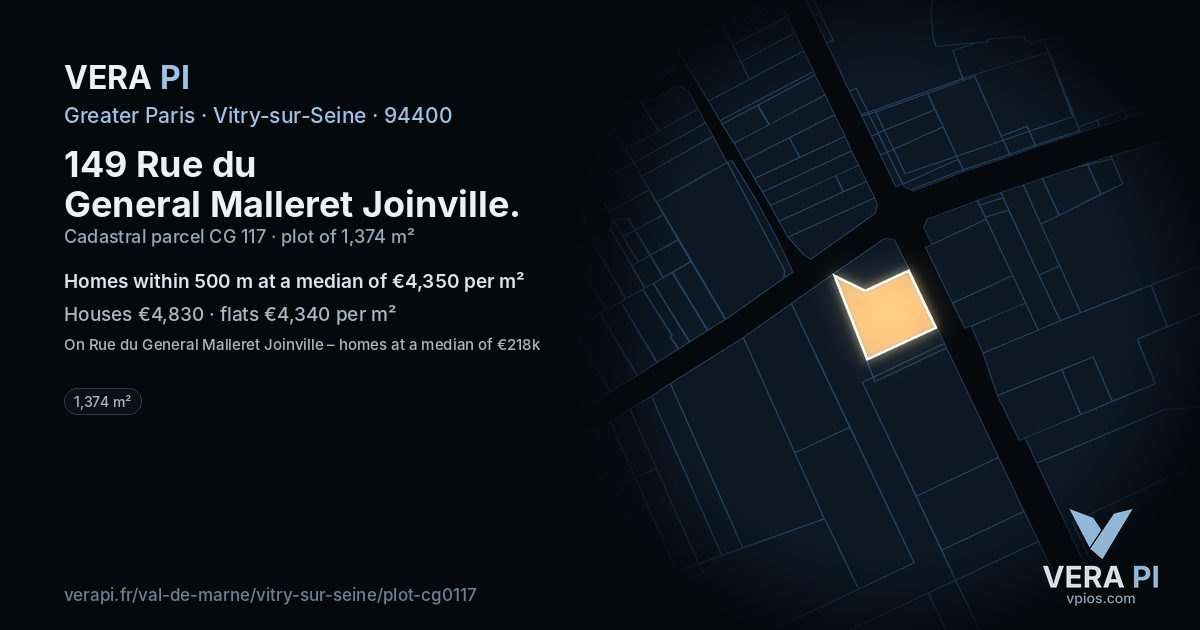 149 Rue du General Malleret Joinville, Vitry-sur-Seine at night – the plot lit, the parcels around coloured by the prices near them