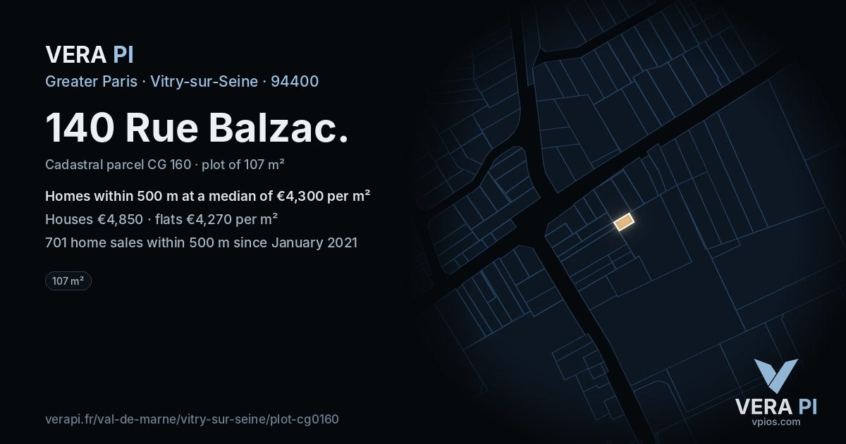 140 Rue Balzac, Vitry-sur-Seine at night – the plot lit, the parcels around coloured by the prices near them