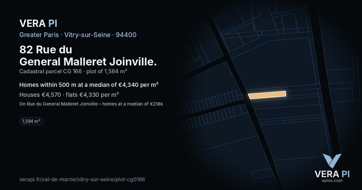 82 Rue du General Malleret Joinville, Vitry-sur-Seine at night – the plot lit, the parcels around coloured by the prices near them