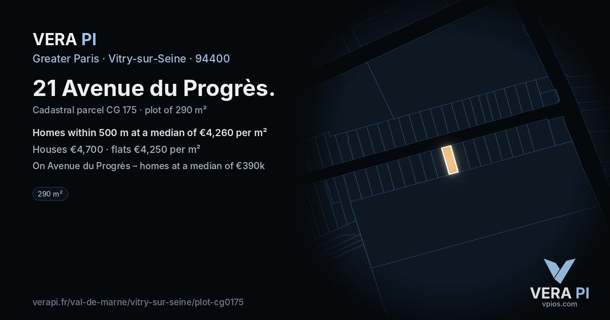 21 Avenue du Progrès, Vitry-sur-Seine at night – the plot lit, the parcels around coloured by the prices near them