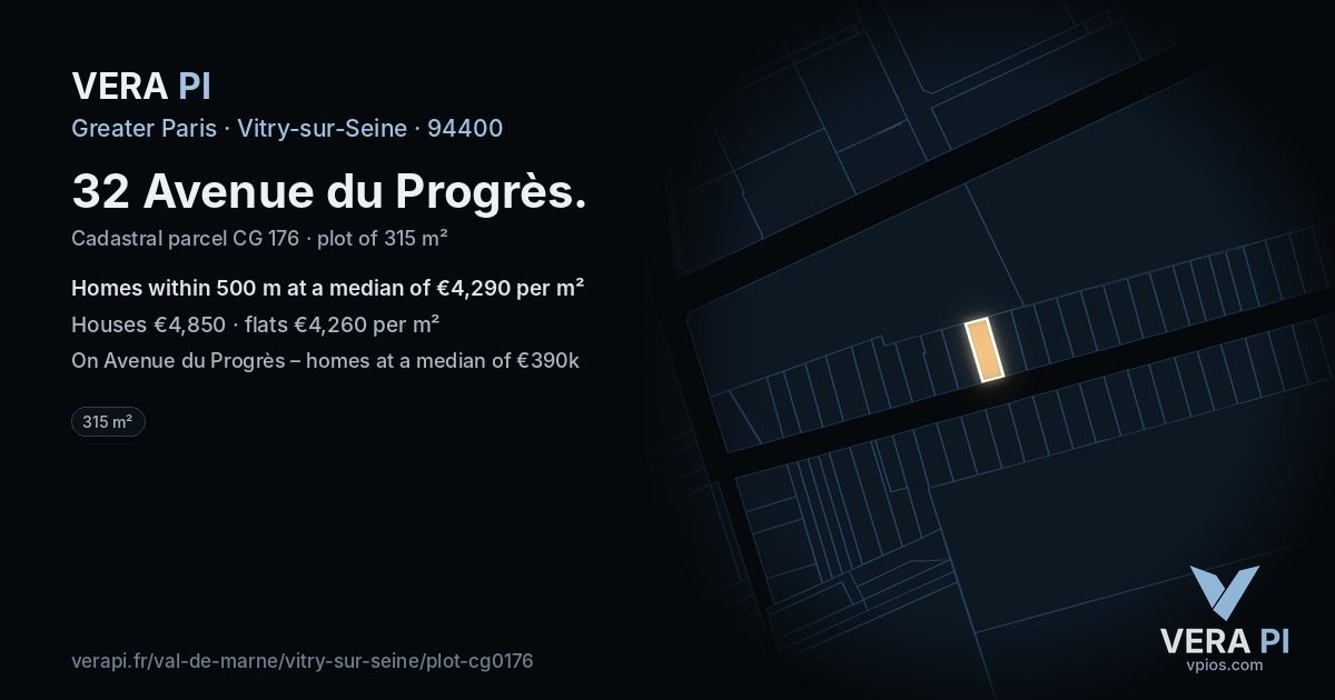 32 Avenue du Progrès, Vitry-sur-Seine at night – the plot lit, the parcels around coloured by the prices near them