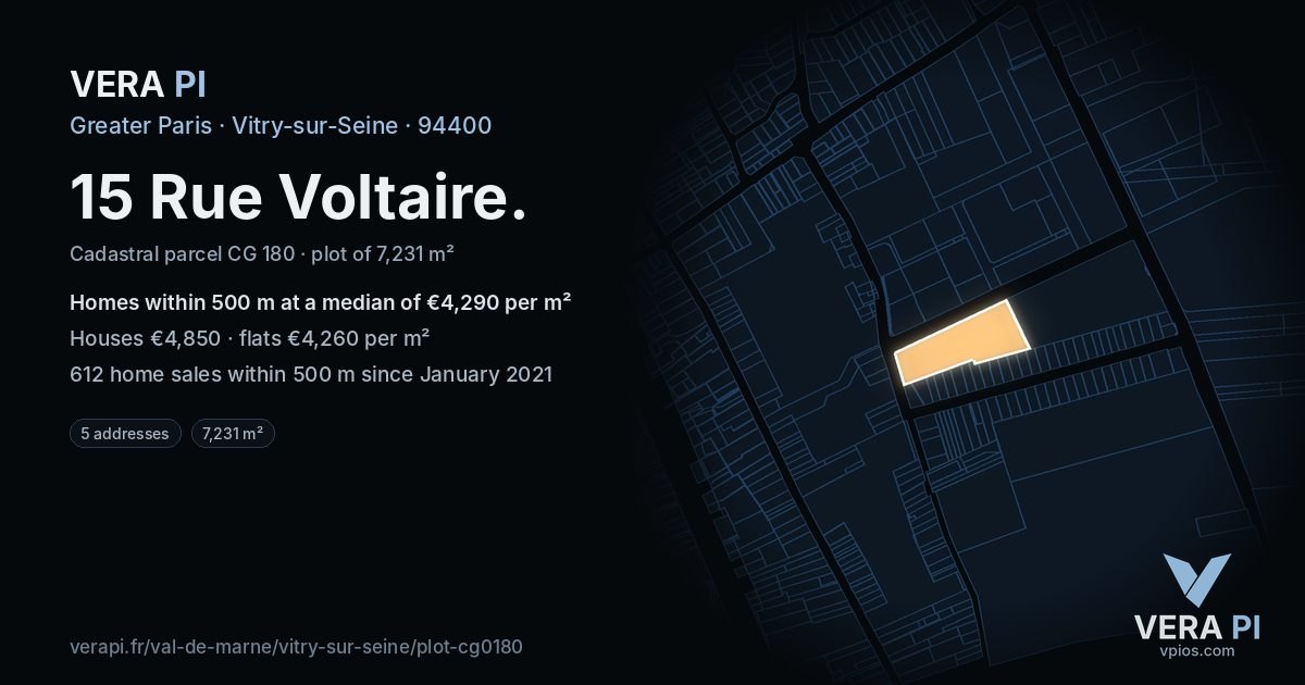 15 Rue Voltaire, Vitry-sur-Seine at night – the plot lit, the parcels around coloured by the prices near them