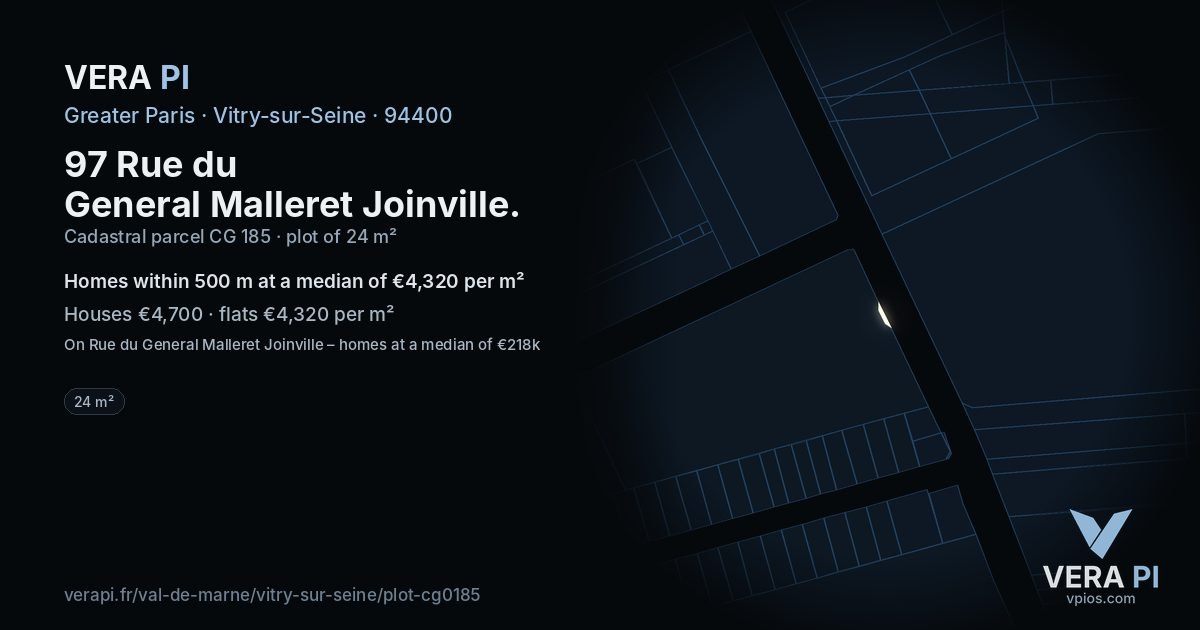 97 Rue du General Malleret Joinville, Vitry-sur-Seine at night – the plot lit, the parcels around coloured by the prices near them