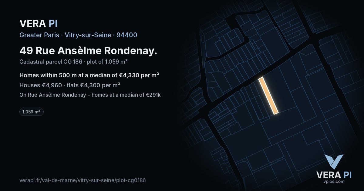 49 Rue Ansèlme Rondenay, Vitry-sur-Seine at night – the plot lit, the parcels around coloured by the prices near them