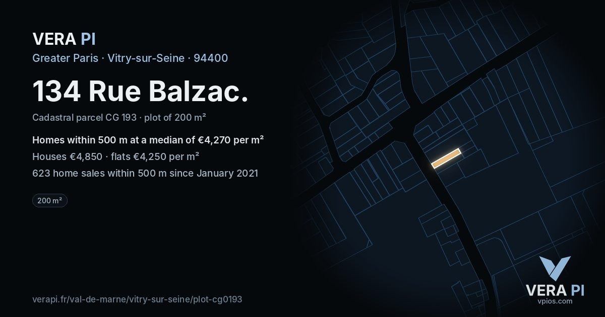 134 Rue Balzac, Vitry-sur-Seine at night – the plot lit, the parcels around coloured by the prices near them
