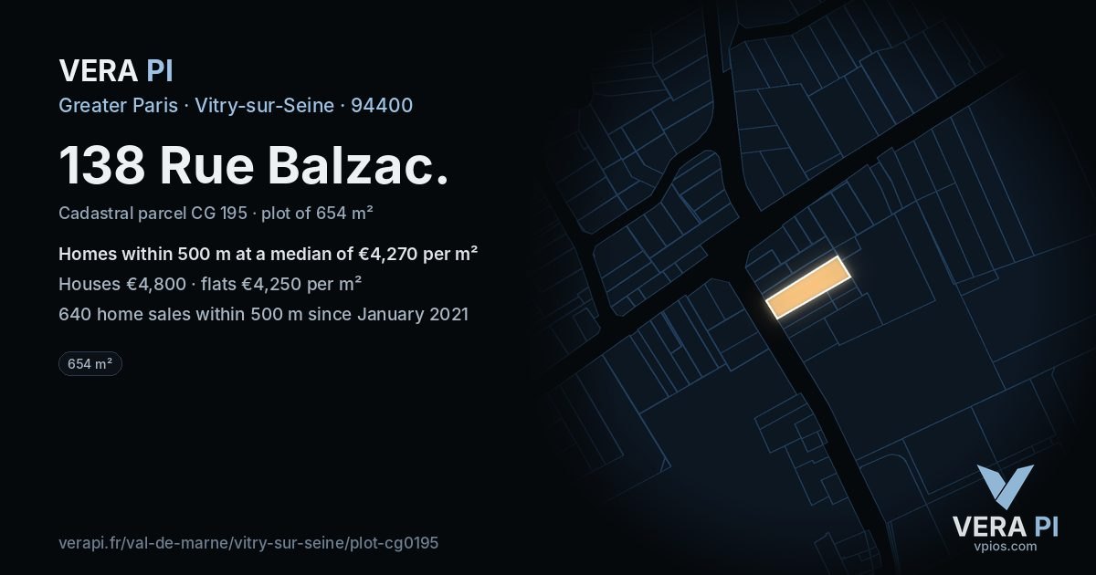 138 Rue Balzac, Vitry-sur-Seine at night – the plot lit, the parcels around coloured by the prices near them