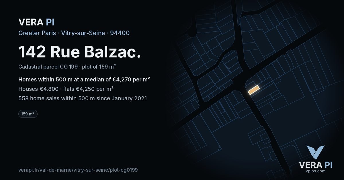 142 Rue Balzac, Vitry-sur-Seine at night – the plot lit, the parcels around coloured by the prices near them