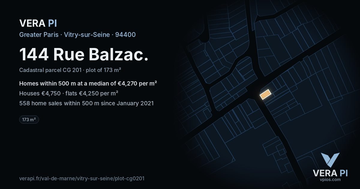 144 Rue Balzac, Vitry-sur-Seine at night – the plot lit, the parcels around coloured by the prices near them
