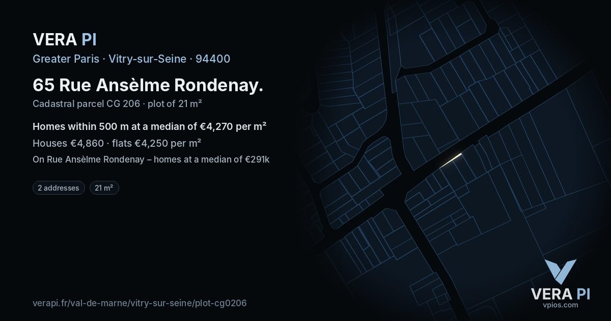 65 Rue Ansèlme Rondenay, Vitry-sur-Seine at night – the plot lit, the parcels around coloured by the prices near them