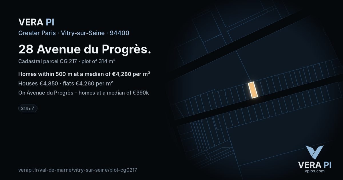 28 Avenue du Progrès, Vitry-sur-Seine at night – the plot lit, the parcels around coloured by the prices near them
