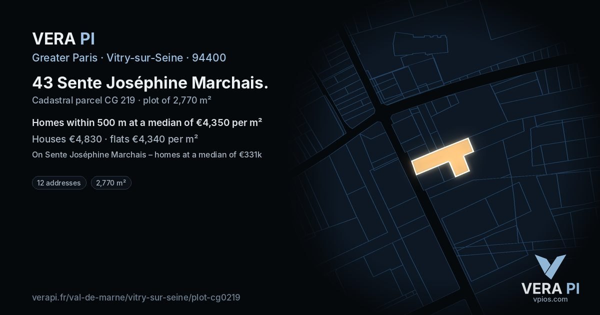 43 Sente Joséphine Marchais, Vitry-sur-Seine at night – the plot lit, the parcels around coloured by the prices near them
