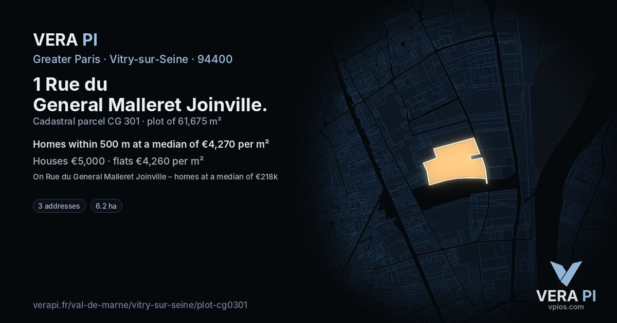 1 Rue du General Malleret Joinville, Vitry-sur-Seine at night – the plot lit, the parcels around coloured by the prices near them
