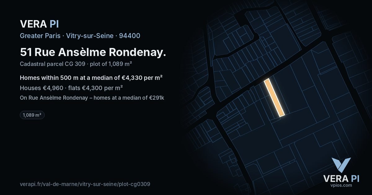 51 Rue Ansèlme Rondenay, Vitry-sur-Seine at night – the plot lit, the parcels around coloured by the prices near them