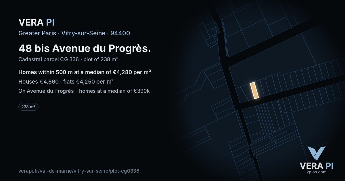 48 bis Avenue du Progrès, Vitry-sur-Seine at night – the plot lit, the parcels around coloured by the prices near them