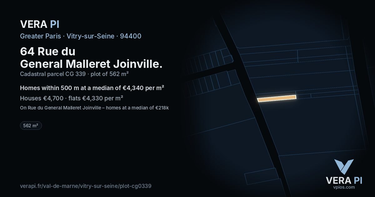 64 Rue du General Malleret Joinville, Vitry-sur-Seine at night – the plot lit, the parcels around coloured by the prices near them