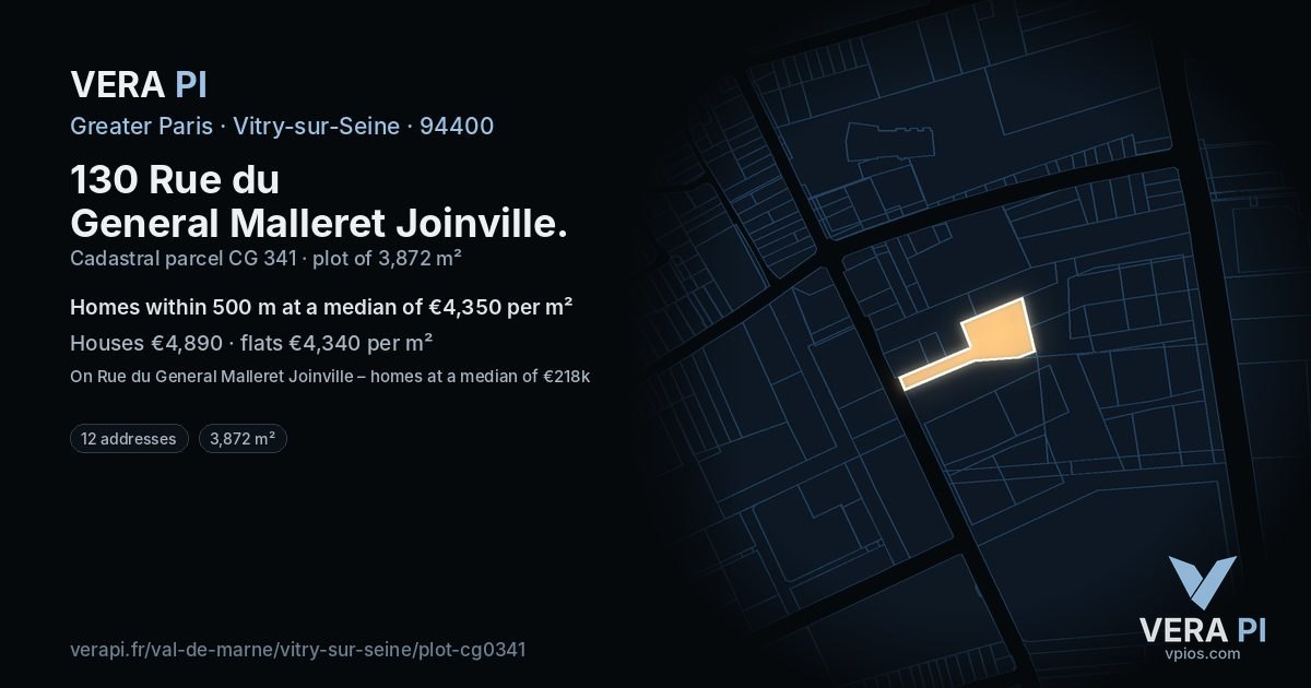 130 Rue du General Malleret Joinville, Vitry-sur-Seine at night – the plot lit, the parcels around coloured by the prices near them
