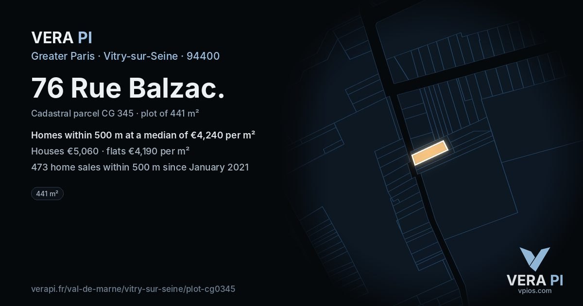 76 Rue Balzac, Vitry-sur-Seine at night – the plot lit, the parcels around coloured by the prices near them