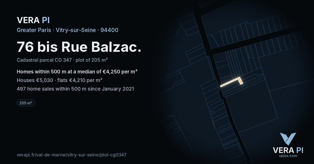 76 bis Rue Balzac, Vitry-sur-Seine at night – the plot lit, the parcels around coloured by the prices near them