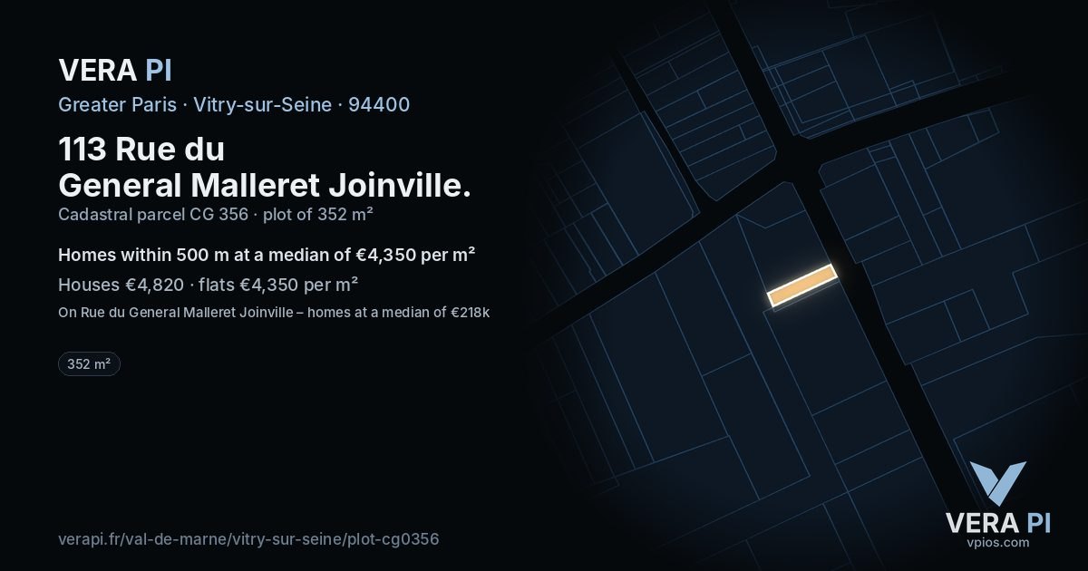 113 Rue du General Malleret Joinville, Vitry-sur-Seine at night – the plot lit, the parcels around coloured by the prices near them