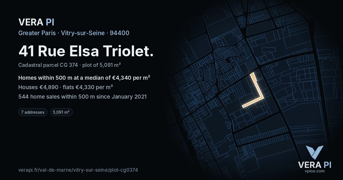 41 Rue Elsa Triolet, Vitry-sur-Seine at night – the plot lit, the parcels around coloured by the prices near them