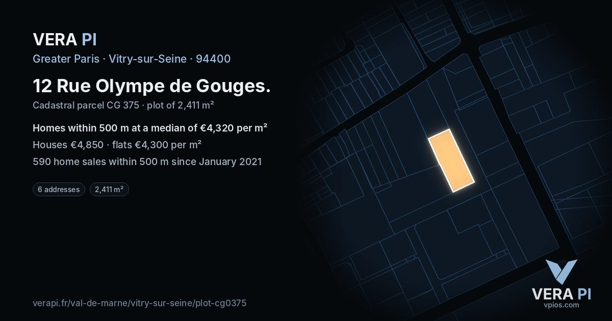 12 Rue Olympe de Gouges, Vitry-sur-Seine at night – the plot lit, the parcels around coloured by the prices near them