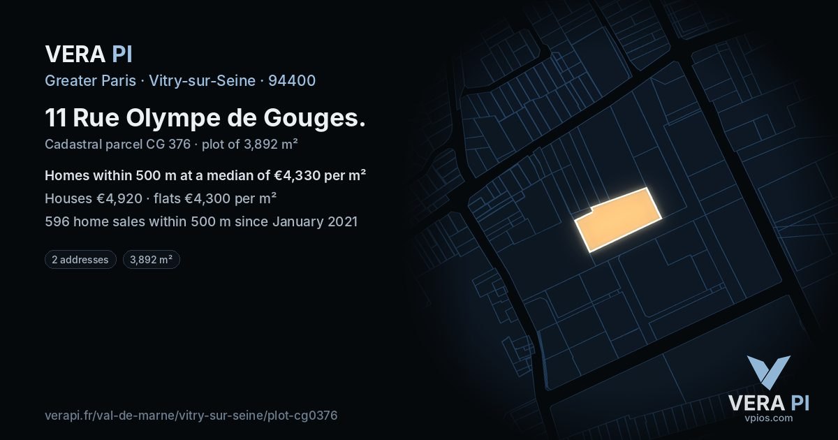 11 Rue Olympe de Gouges, Vitry-sur-Seine at night – the plot lit, the parcels around coloured by the prices near them