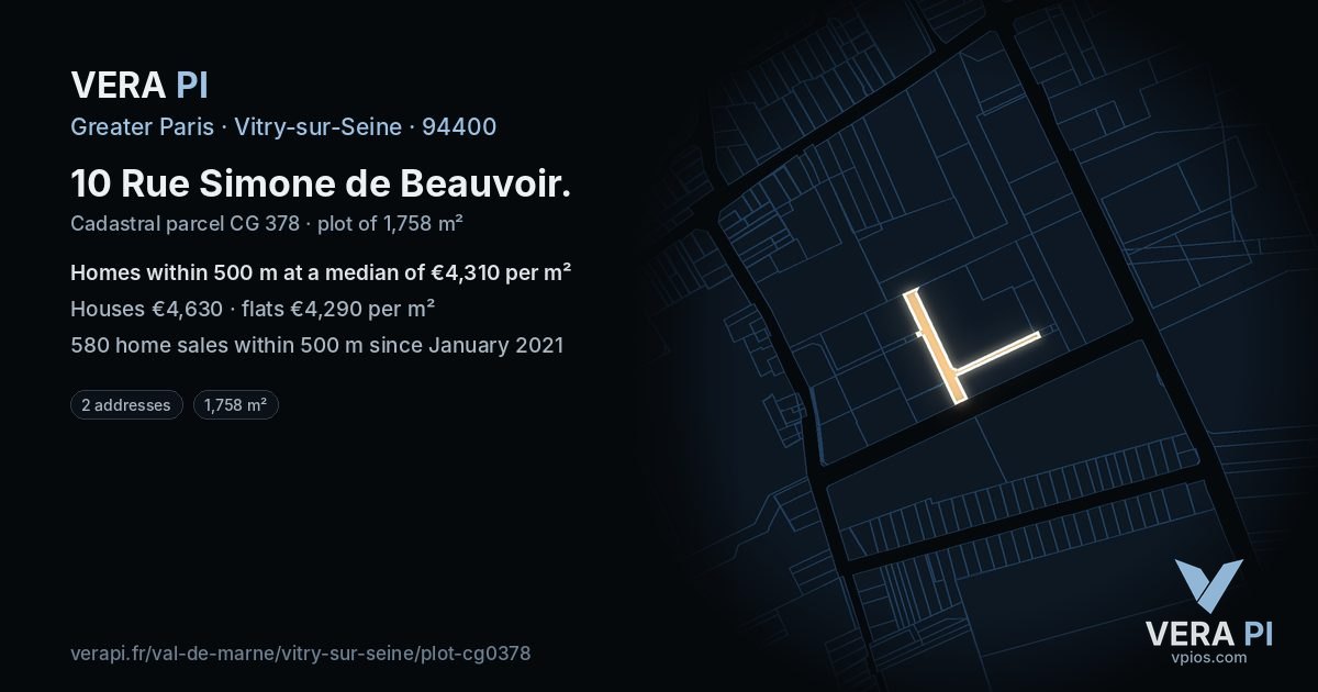 10 Rue Simone de Beauvoir, Vitry-sur-Seine at night – the plot lit, the parcels around coloured by the prices near them