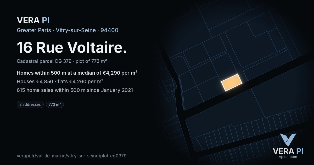 16 Rue Voltaire, Vitry-sur-Seine at night – the plot lit, the parcels around coloured by the prices near them