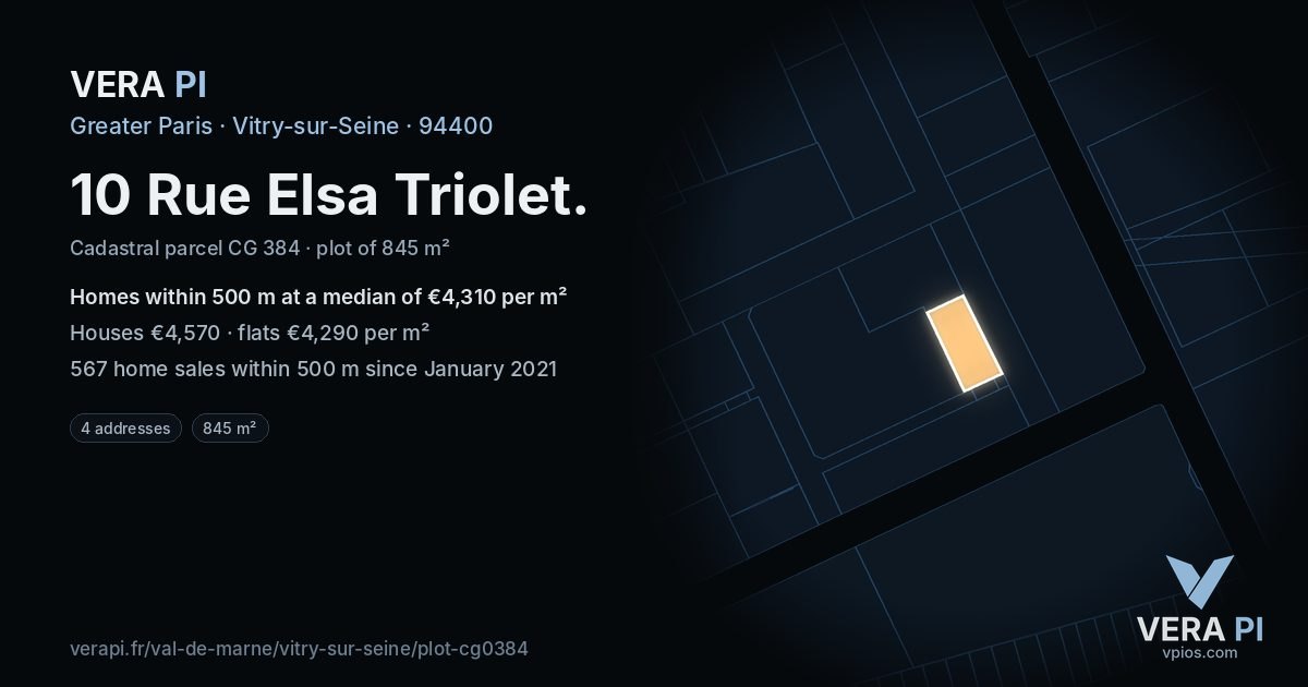 10 Rue Elsa Triolet, Vitry-sur-Seine at night – the plot lit, the parcels around coloured by the prices near them