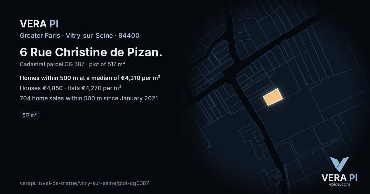 6 Rue Christine de Pizan, Vitry-sur-Seine at night – the plot lit, the parcels around coloured by the prices near them
