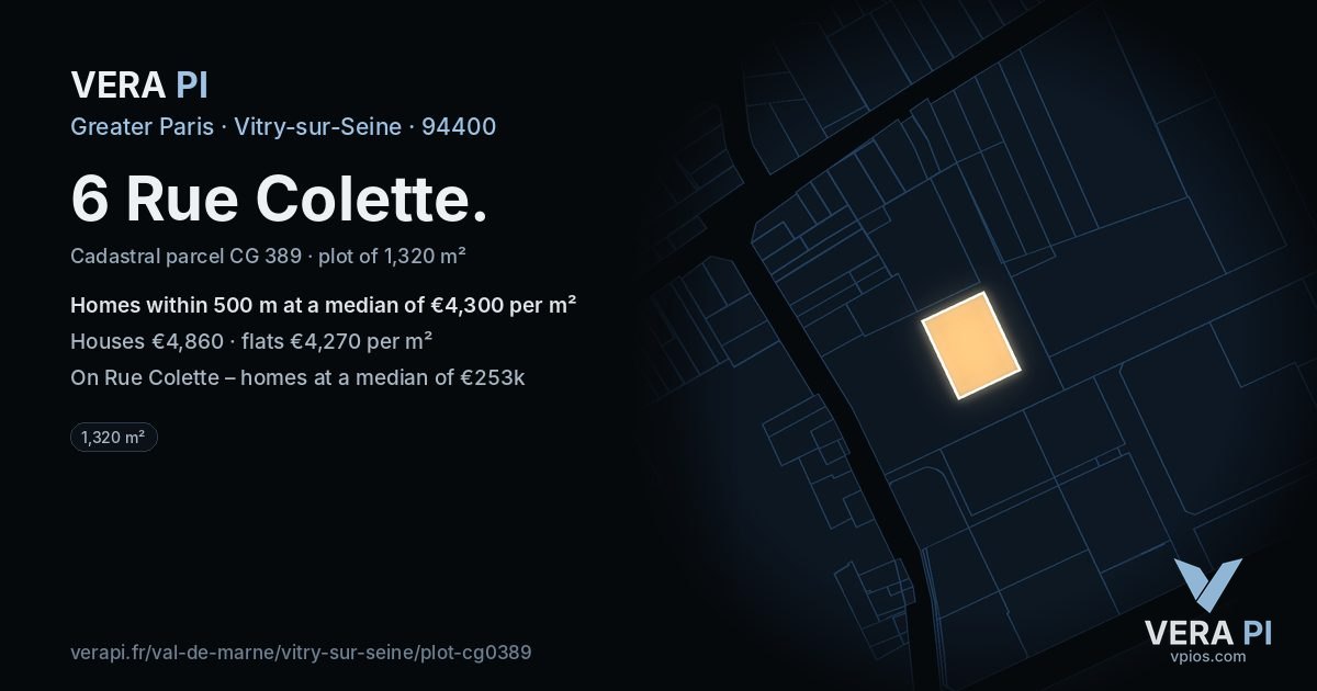 6 Rue Colette, Vitry-sur-Seine at night – the plot lit, the parcels around coloured by the prices near them