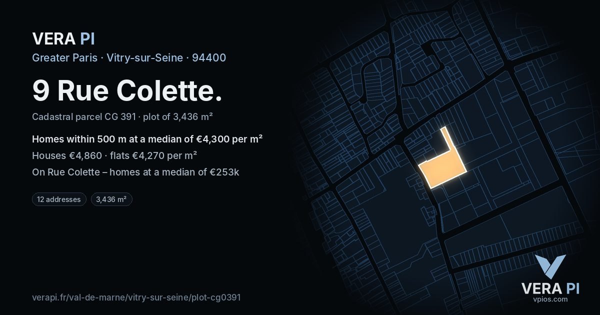 9 Rue Colette, Vitry-sur-Seine at night – the plot lit, the parcels around coloured by the prices near them