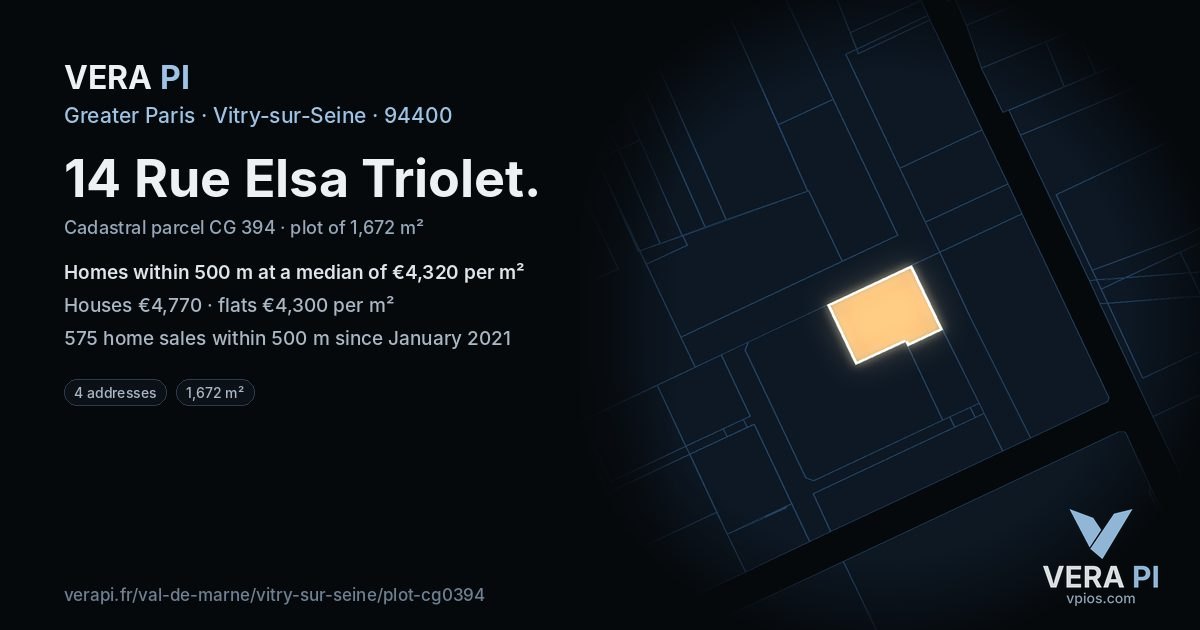 14 Rue Elsa Triolet, Vitry-sur-Seine at night – the plot lit, the parcels around coloured by the prices near them