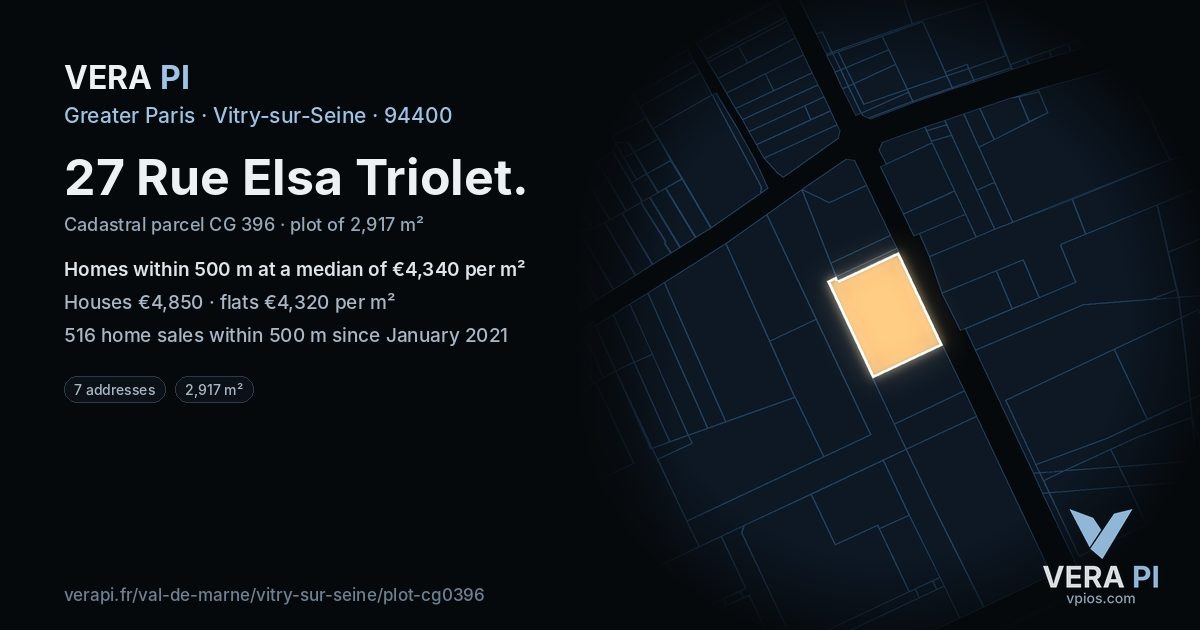 27 Rue Elsa Triolet, Vitry-sur-Seine at night – the plot lit, the parcels around coloured by the prices near them