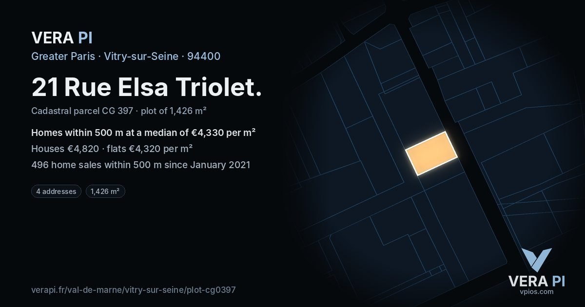 21 Rue Elsa Triolet, Vitry-sur-Seine at night – the plot lit, the parcels around coloured by the prices near them