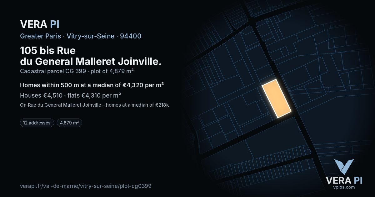 105 bis Rue du General Malleret Joinville, Vitry-sur-Seine at night – the plot lit, the parcels around coloured by the prices near them