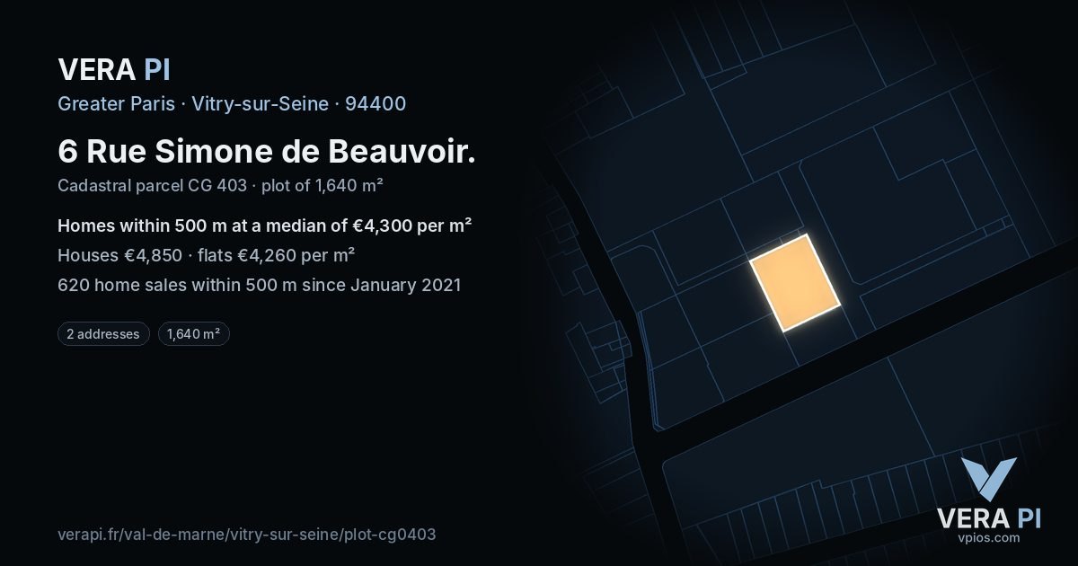 6 Rue Simone de Beauvoir, Vitry-sur-Seine at night – the plot lit, the parcels around coloured by the prices near them