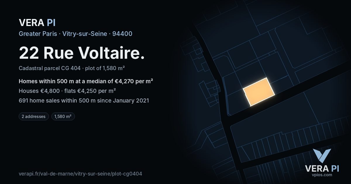 22 Rue Voltaire, Vitry-sur-Seine at night – the plot lit, the parcels around coloured by the prices near them