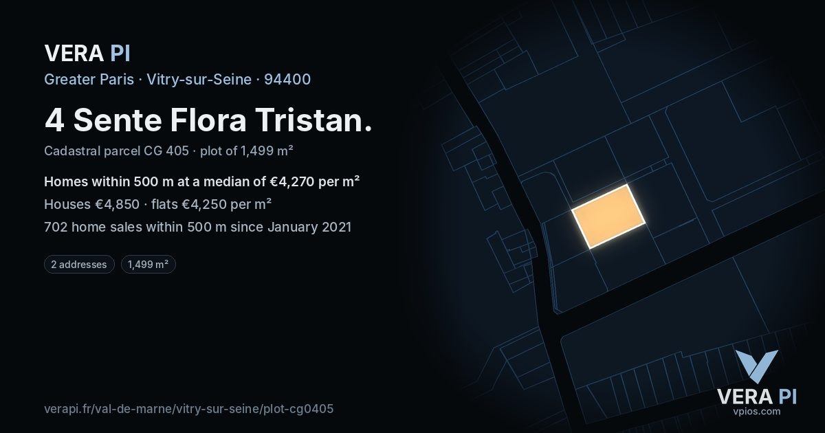 4 Sente Flora Tristan, Vitry-sur-Seine at night – the plot lit, the parcels around coloured by the prices near them