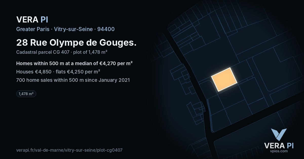 28 Rue Olympe de Gouges, Vitry-sur-Seine at night – the plot lit, the parcels around coloured by the prices near them