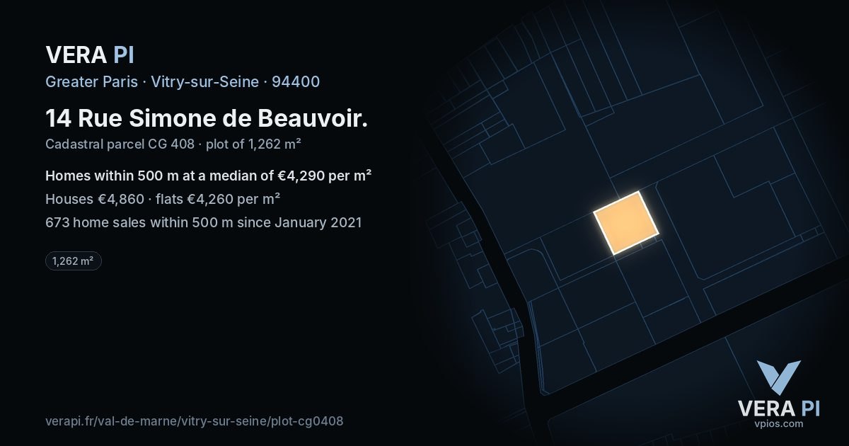 14 Rue Simone de Beauvoir, Vitry-sur-Seine at night – the plot lit, the parcels around coloured by the prices near them