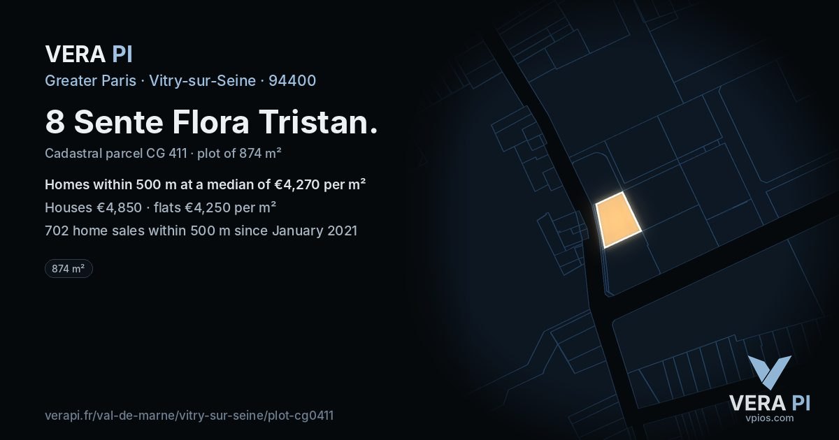 8 Sente Flora Tristan, Vitry-sur-Seine at night – the plot lit, the parcels around coloured by the prices near them