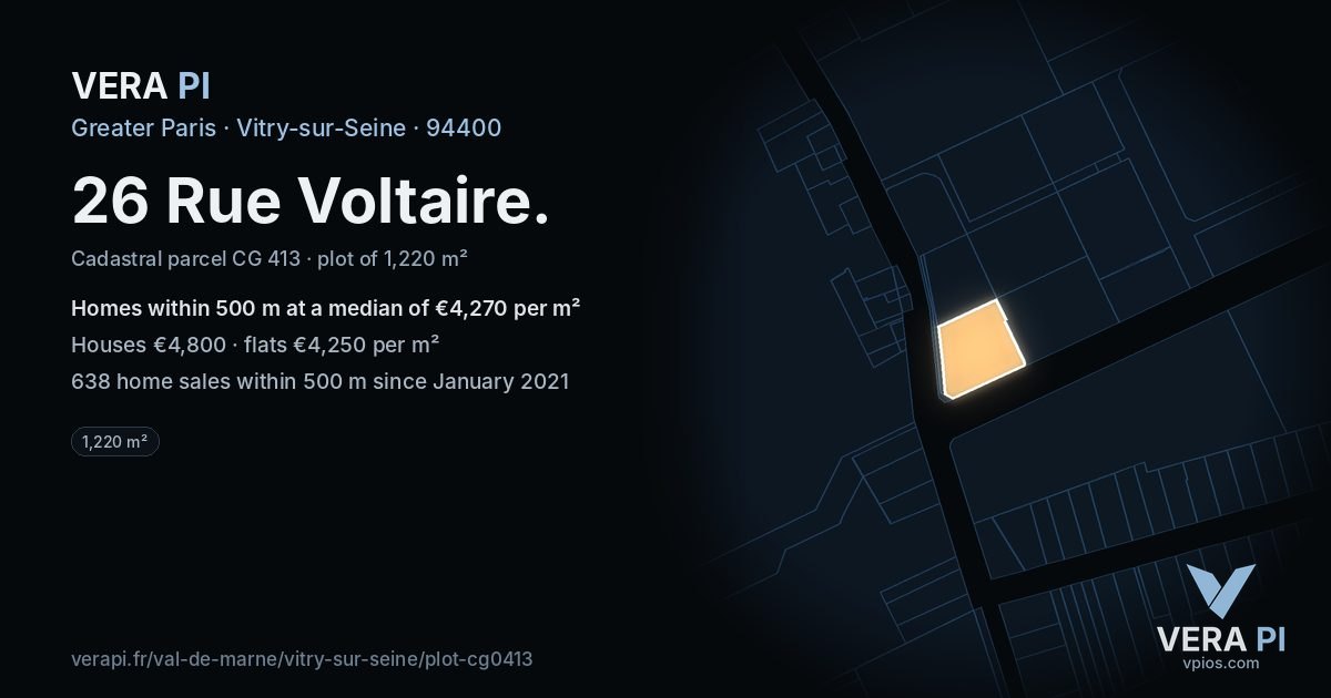 26 Rue Voltaire, Vitry-sur-Seine at night – the plot lit, the parcels around coloured by the prices near them