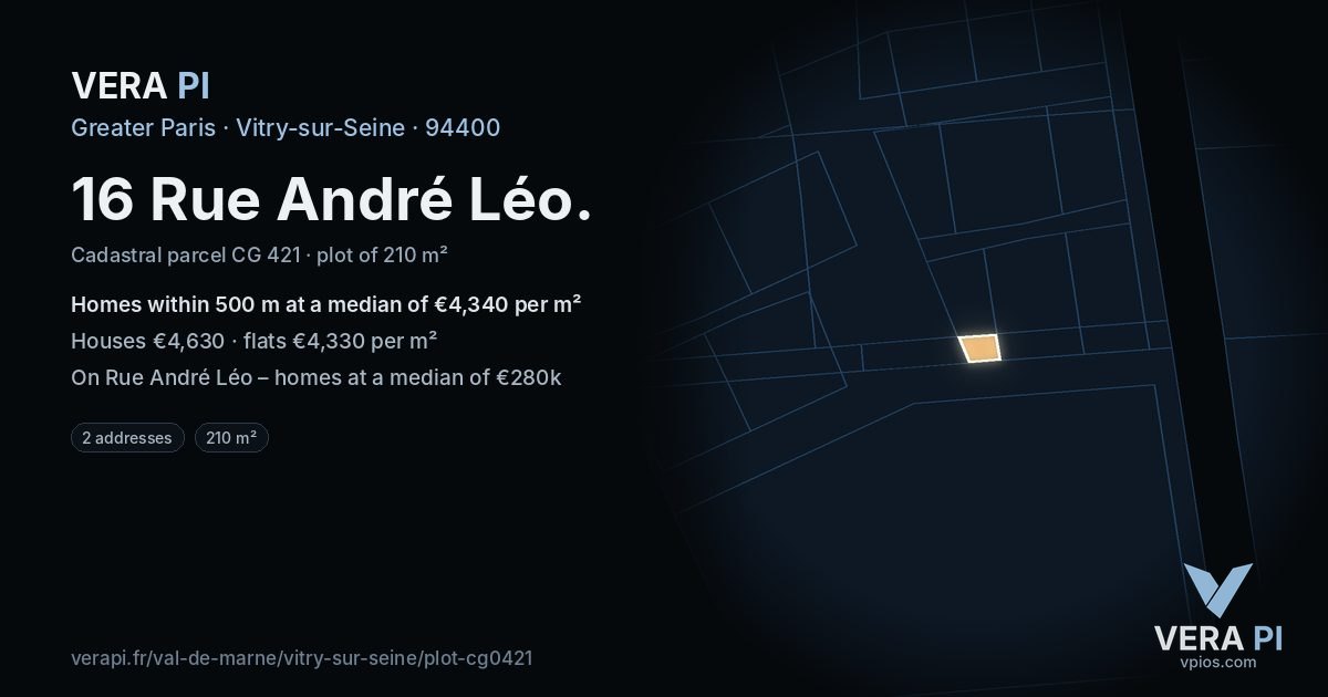 16 Rue André Léo, Vitry-sur-Seine at night – the plot lit, the parcels around coloured by the prices near them