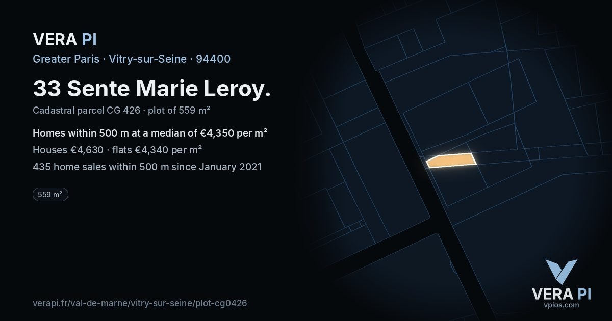 33 Sente Marie Leroy, Vitry-sur-Seine at night – the plot lit, the parcels around coloured by the prices near them