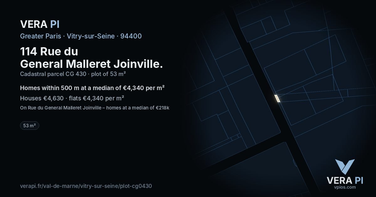 114 Rue du General Malleret Joinville, Vitry-sur-Seine at night – the plot lit, the parcels around coloured by the prices near them