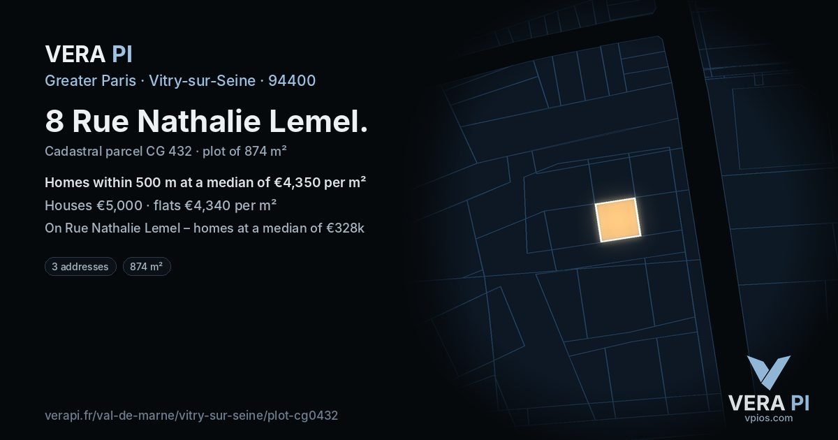 8 Rue Nathalie Lemel, Vitry-sur-Seine at night – the plot lit, the parcels around coloured by the prices near them