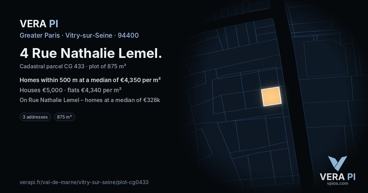 4 Rue Nathalie Lemel, Vitry-sur-Seine at night – the plot lit, the parcels around coloured by the prices near them