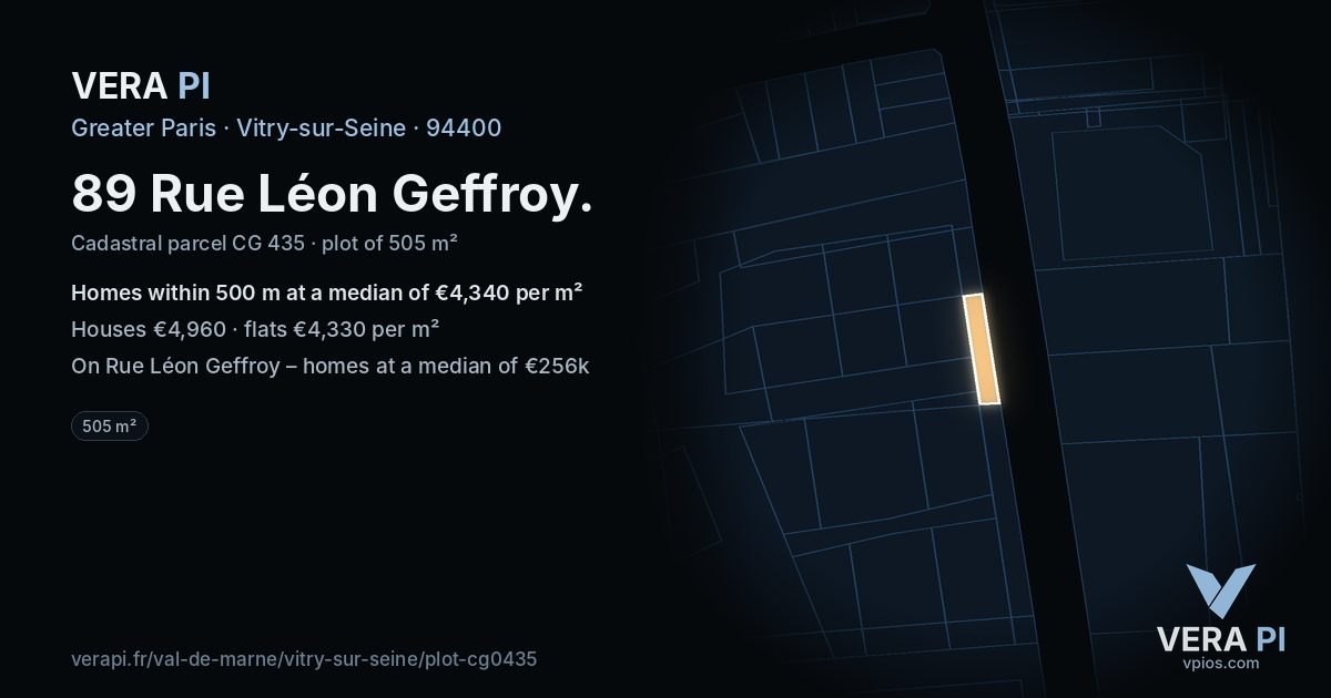 89 Rue Léon Geffroy, Vitry-sur-Seine at night – the plot lit, the parcels around coloured by the prices near them