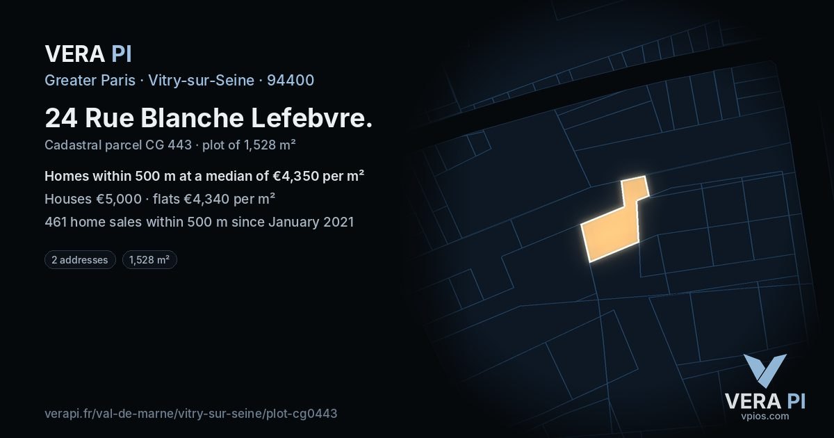 24 Rue Blanche Lefebvre, Vitry-sur-Seine at night – the plot lit, the parcels around coloured by the prices near them